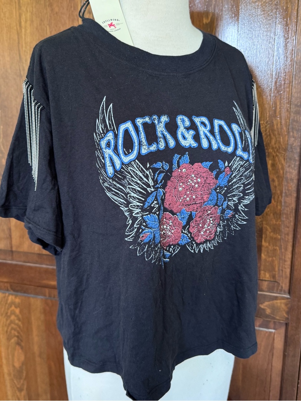 NWT Idyllwind Concert Festival Rock & Roll Rhinestone Fringe Graphic Tee Medium